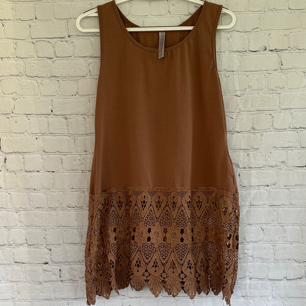 Pretty Angel Brown Tank with Crochet Lace Trim Linen blend